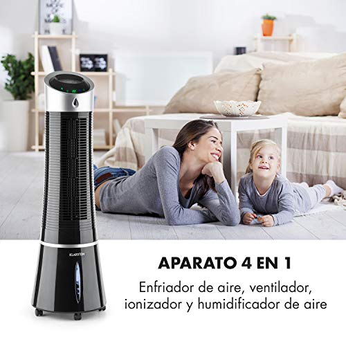 Klarstein Skyscraper Ice - Enfriador de Aire 3 en 1, Climatizador evaporativo, 30W, 210m³/h, Ventilador, Humidificador, 3 velocidades, Modos: Normal, Natural y Nocturno, Mando a Distancia, Negro