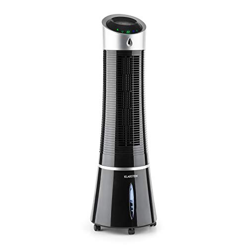 Klarstein Skyscraper Ice - Enfriador de Aire 3 en 1, Climatizador evaporativo, 30W, 210m³/h, Ventilador, Humidificador, 3 velocidades, Modos: Normal, Natural y Nocturno, Mando a Distancia, Negro