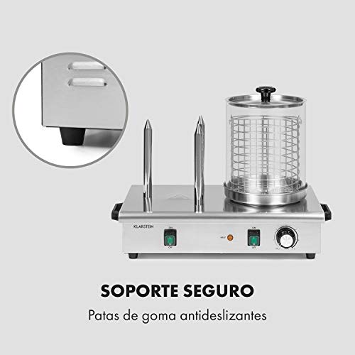 Klarstein Wurstfabrik Pro 600 máquina de perritos calientes - 550 W, 3 pinchos, regulador de temperatura entre 30 y 100 °C, cilindro de vidrio de Ø 20 cm, jaula de acero de Ø 17 cm, acero, plateado