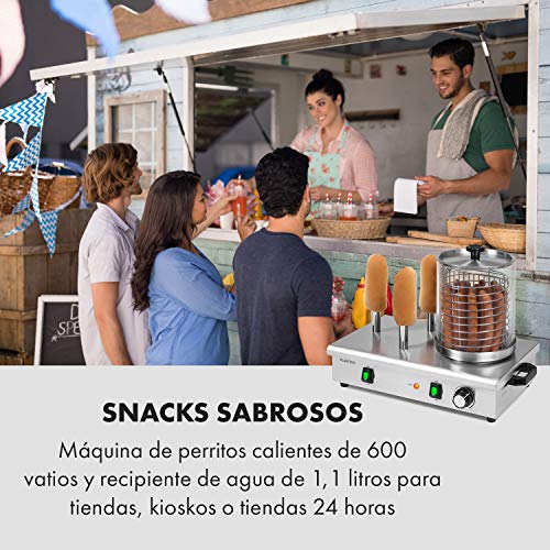 Klarstein Wurstfabrik Pro 600 máquina de perritos calientes - 550 W, 3 pinchos, regulador de temperatura entre 30 y 100 °C, cilindro de vidrio de Ø 20 cm, jaula de acero de Ø 17 cm, acero, plateado