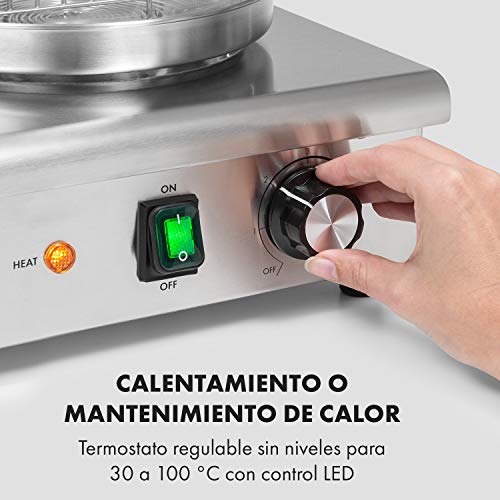 Klarstein Wurstfabrik Pro 600 máquina de perritos calientes - 550 W, 3 pinchos, regulador de temperatura entre 30 y 100 °C, cilindro de vidrio de Ø 20 cm, jaula de acero de Ø 17 cm, acero, plateado