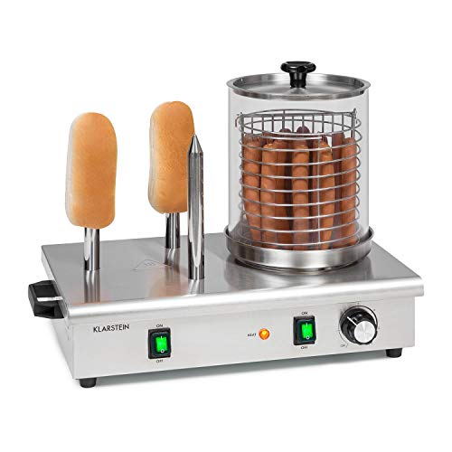 Klarstein Wurstfabrik Pro 600 máquina de perritos calientes - 550 W, 3 pinchos, regulador de temperatura entre 30 y 100 °C, cilindro de vidrio de Ø 20 cm, jaula de acero de Ø 17 cm, acero, plateado