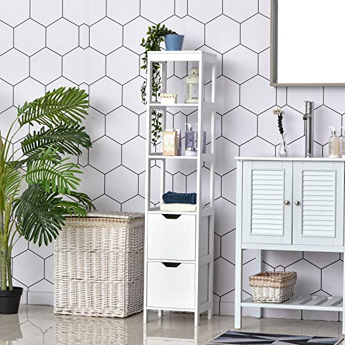 kleankin Armario Alto de Baño Multiusos Mueble Columna 3 Estantes Abiertos y 2 Cajones de Almacenaje Diseño Antivuelco 30x30x144 cm Blanco