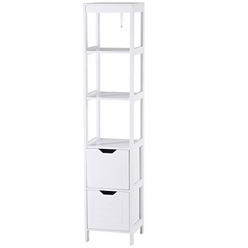 kleankin Armario Alto de Baño Multiusos Mueble Columna 3 Estantes Abiertos y 2 Cajones de Almacenaje Diseño Antivuelco 30x30x144 cm Blanco