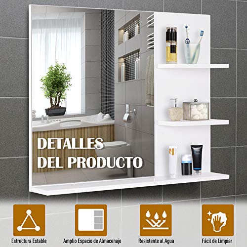 kleankin Espejo de Baño para Colgar en la Pared Espejo de Pared con 3 Estantes Incorporados 60x10x48 cm Blanco