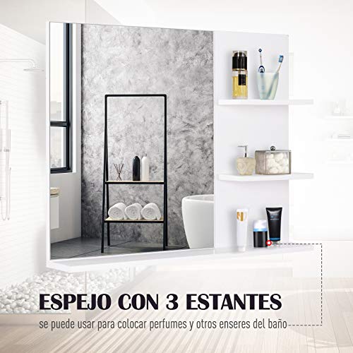 kleankin Espejo de Baño para Colgar en la Pared Espejo de Pared con 3 Estantes Incorporados 60x10x48 cm Blanco kleankin Espejo de Baño para Colgar en la Pared Espejo de Pared con 3 Estantes Incorporados 60x10x48 cm Blanco
