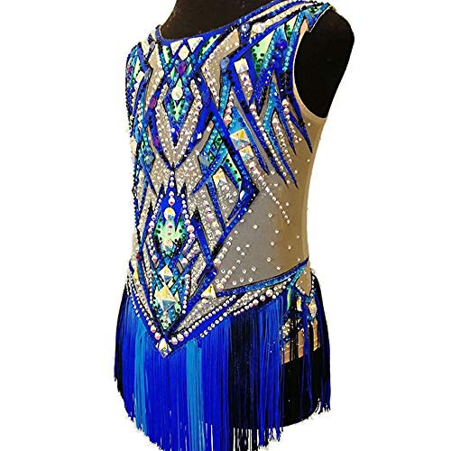 Kmgjc Maillots de Gimnasia rítmica de competición, Vestido de Patinaje artístico de competición Profesional sin Mangas de Secado rápido para Mujer y niña,Azul,16