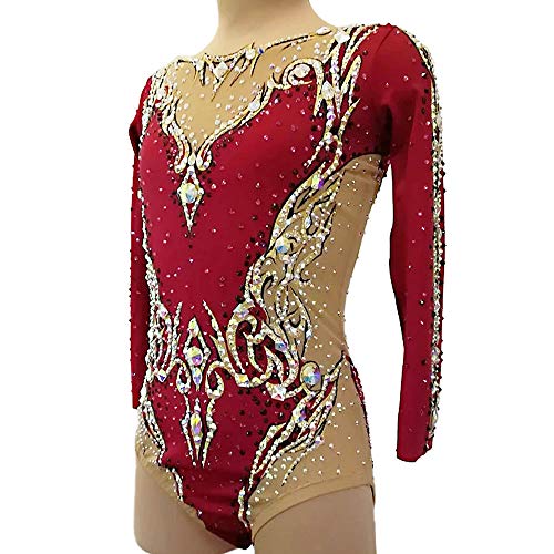 Kmgjc Maillots de Gimnasia rítmica para niñas y Mujeres, Patinaje artístico Hecho a Mano Traje de competición Profesional Maillots de Manga Larga por Encargo,Rojo,Child14