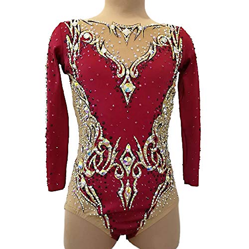 Kmgjc Maillots de Gimnasia rítmica para niñas y Mujeres, Patinaje artístico Hecho a Mano Traje de competición Profesional Maillots de Manga Larga por Encargo,Rojo,Child14