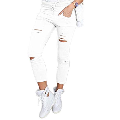 Kneris Pantalones Mujer Rasgados Flacos Leggings Cintura Alta Pantalones Largos hasta Los Tobillos (Blanco, XX-Large)