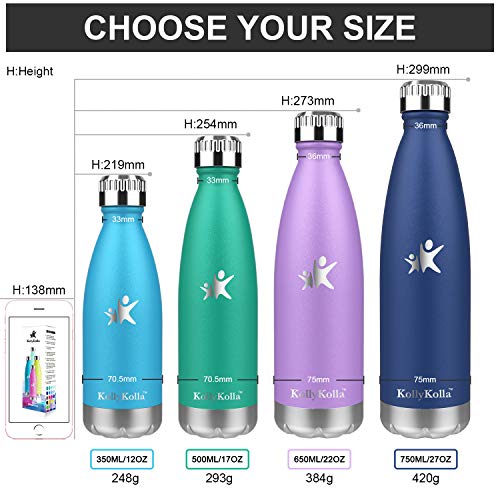 KollyKolla Botella de Agua Acero Inoxidable, Termo Sin BPA Ecológica, Botellas Termica Reutilizable Frascos Térmicos para Niños & Adultos, Deporte, Oficina, Yoga, Ciclismo, (350ml Azul Medio)