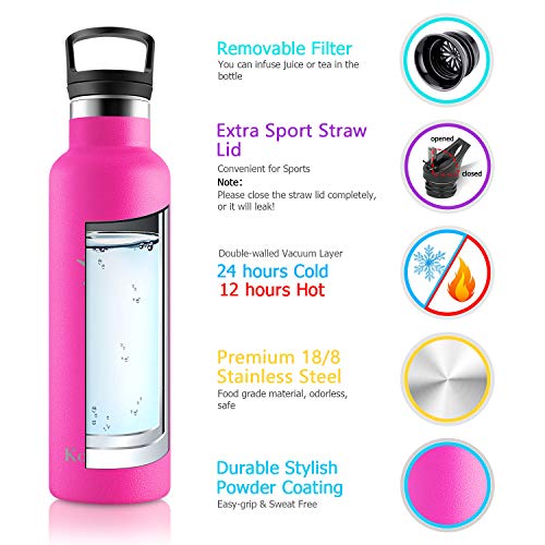 KollyKolla Botella de Agua Acero Inoxidable, Termo Sin BPA Ecológica Reutilizable, Botella Termica con Pajita y Filtro, Water Bottle para Niños & Adultos, Deporte, Oficina, Yoga, (750ml Rosa Roja)