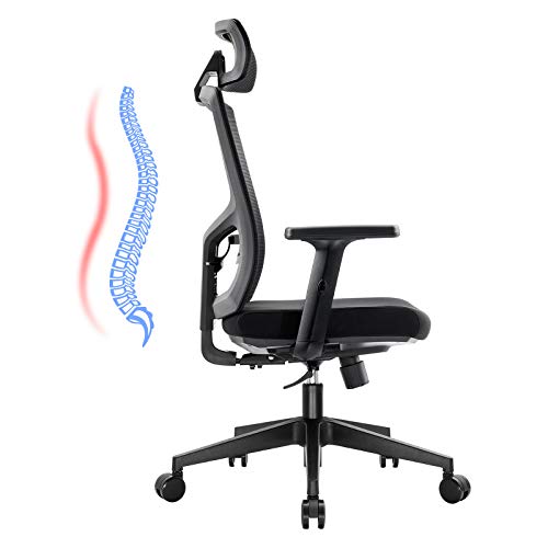 KOMENE Silla Ergonómica Oficina y Silla Ajustable de Malla con Respaldo Alto, Silla Escritorio para Computadora con Reposacabezas y Soporte Lumbar para el Hogar y la Oficina (Negro)