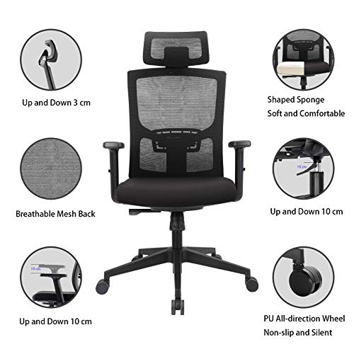 KOMENE Silla Ergonómica Oficina y Silla Ajustable de Malla con Respaldo Alto, Silla Escritorio para Computadora con Reposacabezas y Soporte Lumbar para el Hogar y la Oficina (Negro) KOMENE Silla Ergonómica Oficina y Silla Ajustable de Malla con Respaldo Alto, Silla Escritorio para Computadora con Reposacabezas y Soporte Lumbar para el Hogar y la Oficina (Negro)