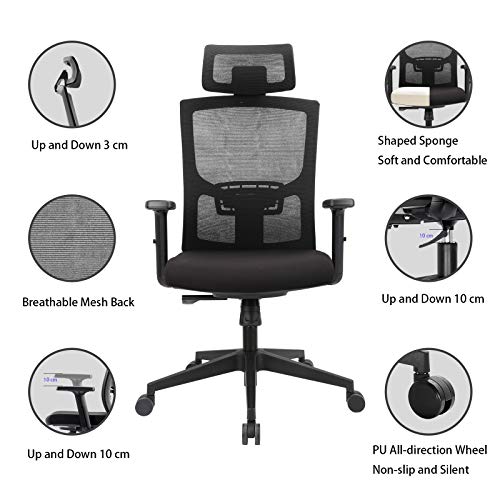 KOMENE Silla Ergonómica Oficina y Silla Ajustable de Malla con Respaldo Alto, Silla Escritorio para Computadora con Reposacabezas y Soporte Lumbar para el Hogar y la Oficina (Negro)