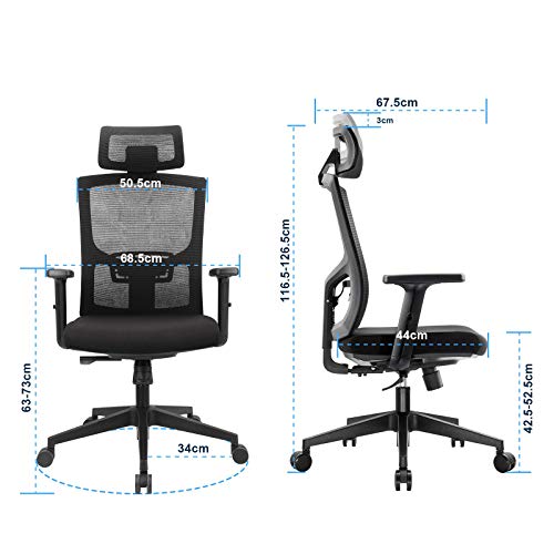 KOMENE Silla Ergonómica Oficina y Silla Ajustable de Malla con Respaldo Alto, Silla Escritorio para Computadora con Reposacabezas y Soporte Lumbar para el Hogar y la Oficina (Negro)