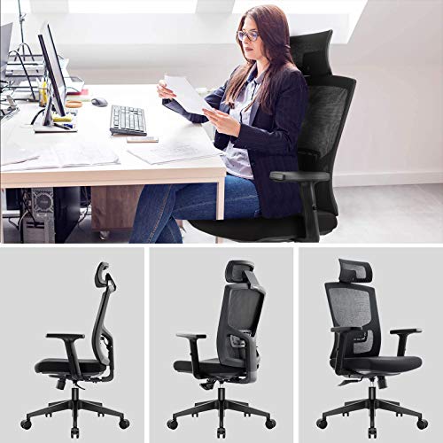 KOMENE Silla Ergonómica Oficina y Silla Ajustable de Malla con Respaldo Alto, Silla Escritorio para Computadora con Reposacabezas y Soporte Lumbar para el Hogar y la Oficina (Negro)