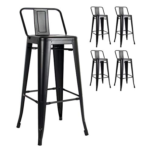 KOSMI - Lote de 4 taburetes de bar en metal negro mate con respaldo pequeño, sillas de bar Taburetes de metal altura 66 cm perfecto para mesa de 90 cm, isla central o encimera