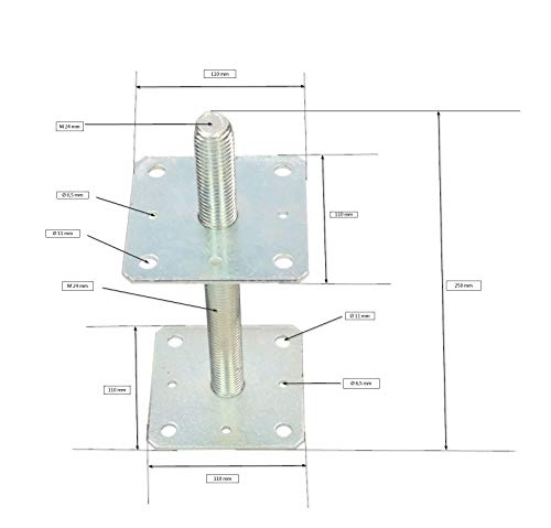 KOTARBAU® Soporte de poste de 110 mm x 110 mm x 250 mm, rosca M24 mm, pie de soporte de altura ajustable, galvanizado, pie de hormigón, para atornillar, regulable KOTARBAU® Soporte de poste de 110 mm x 110 mm x 250 mm, rosca M24 mm, pie de soporte de altura ajustable, galvanizado, pie de hormigón, para atornillar, regulable