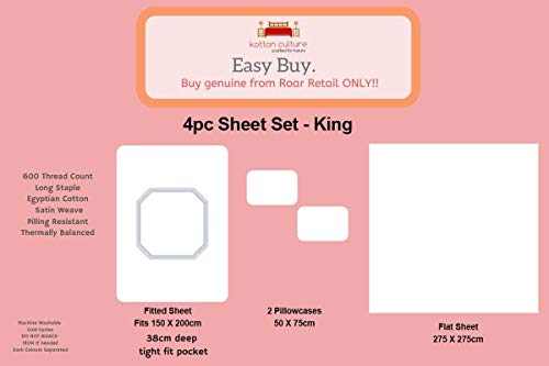 Kotton Culture Egyptian Cotton King Sheet Set (Fitted Sheet, Flat Sheet, 2 Pillowcases) Deep Pocket 600 Thread Count Soft Bed Sheets, Premium European Bedding White