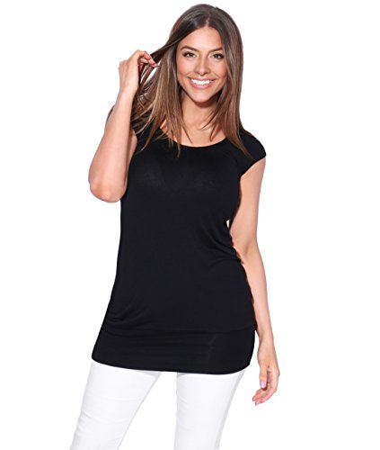 KRISP Mujer Camiseta Larga Básica Manga Corta (7604-BLK-14) KRISP Mujer Camiseta Larga Básica Manga Corta (7604-BLK-14)