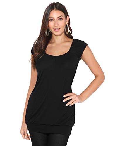 KRISP Mujer Camiseta Larga Básica Manga Corta (7604-BLK-14) KRISP Mujer Camiseta Larga Básica Manga Corta (7604-BLK-14)