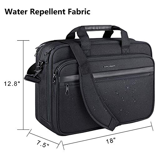 KROSER 18" Bandolera para Portátil Maletín Premium para Laptop hasta 17.3" Expandible Hidrófugo Bolsa del Hombro Bolsa de Computadora para Viajes/Negocios/Escuela/Hombres/Mujeres-Negro