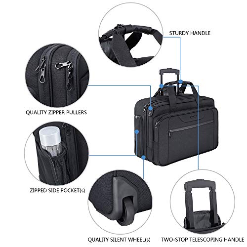 KROSER Maletín para Portátil con Ruedas Bolsa Premium Impermeable para Computadora hasta 17.3´´ Bolsa Hidrófugo Durante la Noche con Bolsillos RFID para Negocios/Viajes/Escuela/Hombres/Mujeres-Negro