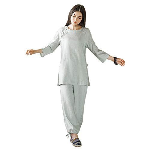 KSUA Mujer Zen Meditación Uniforme de Lino de algodón Tai Chi Ropa Kung Fu Ropa, Gris EU L/Etiqueta XL