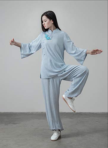 KSUA Mujeres Kung Fu Uniforme Tai Chi Traje algodón Artes Marciales Traje meditación Zen (Azul Claro, EU L/Etiqueta XL)