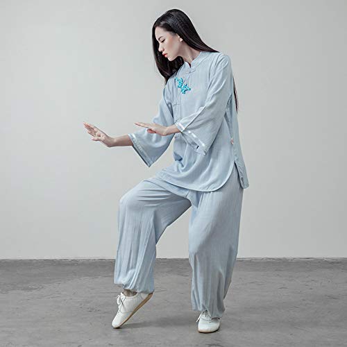 KSUA Mujeres Kung Fu Uniforme Tai Chi Traje algodón Artes Marciales Traje meditación Zen (Azul Claro, EU L/Etiqueta XL)