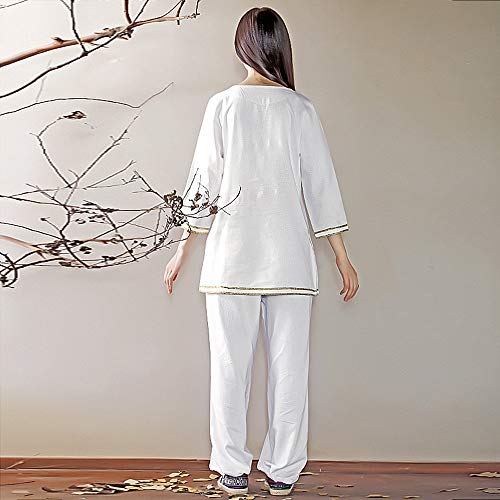 KSUA Mujeres Zen Traje de meditación Tai Chi Uniforme Kung Fu Chino Ropa algodón (Blanco, EU XS/Etiqueta S)