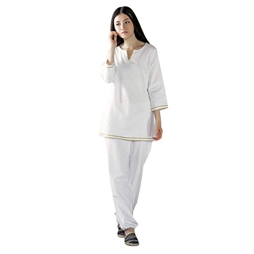 KSUA Mujeres Zen Traje de meditación Tai Chi Uniforme Kung Fu Chino Ropa algodón (Blanco, EU XS/Etiqueta S)
