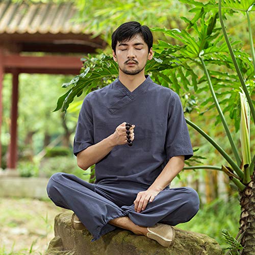 KSUA Traje de meditación Zen de algodón Uniforme de Tai Chi para Hombre Ropa de Kung Fu Chino Ropa de Yoga con Medias Mangas, Gris Azul EU S/Etiqueta M