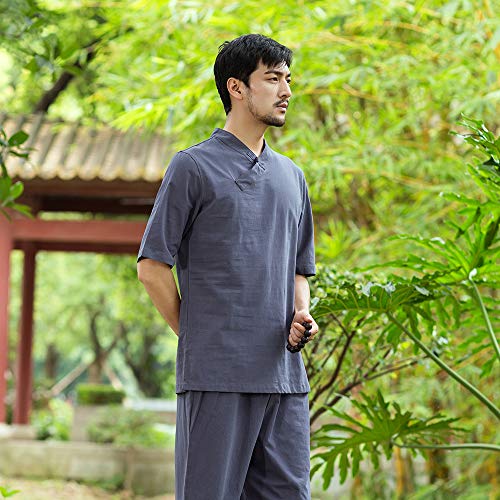 KSUA Traje de meditación Zen de algodón Uniforme de Tai Chi para Hombre Ropa de Kung Fu Chino Ropa de Yoga con Medias Mangas, Gris Azul EU S/Etiqueta M