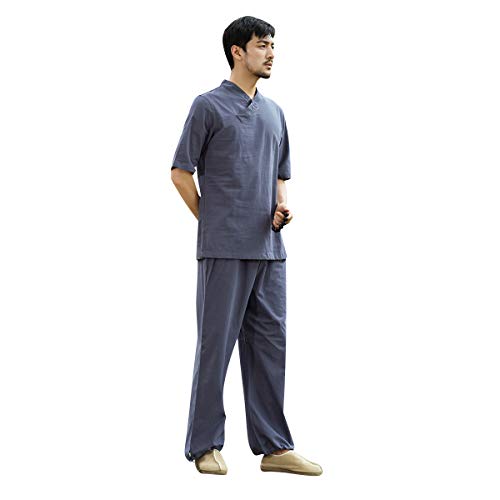 KSUA Traje de meditación Zen de algodón Uniforme de Tai Chi para Hombre Ropa de Kung Fu Chino Ropa de Yoga con Medias Mangas, Gris Azul EU S/Etiqueta M