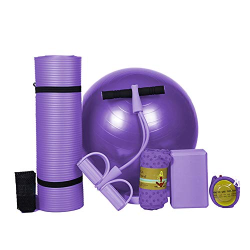 KuaiKeJiaSport Essential Yoga Starter Set Kit 5pcs,1Yoga Mat,1 Yoga Block,Pelota de Yoga de 55 cm,1x Resistencia al Yoga con Pedales,1 Toalla de Yoga Mat,para Pilates Entrenamientos de Fitness,Purple