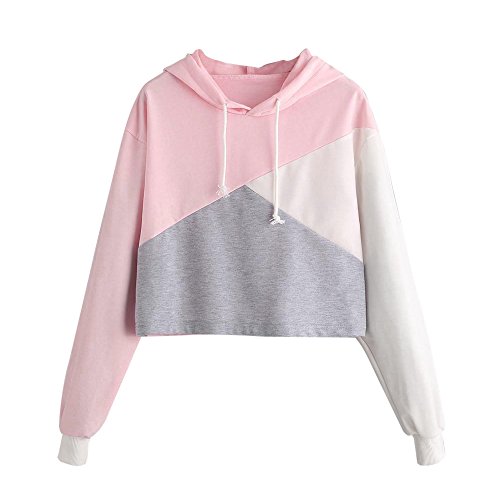 Kukul Sudaderas Cortas con Capucha para Mujer, Hoodie Blusa Camiseta de Manga Larga de Empalme Tops de Deportivo Moda Basico Sencillo Casual de Otoño Invierno Primavera para Mujeres Chica (S)