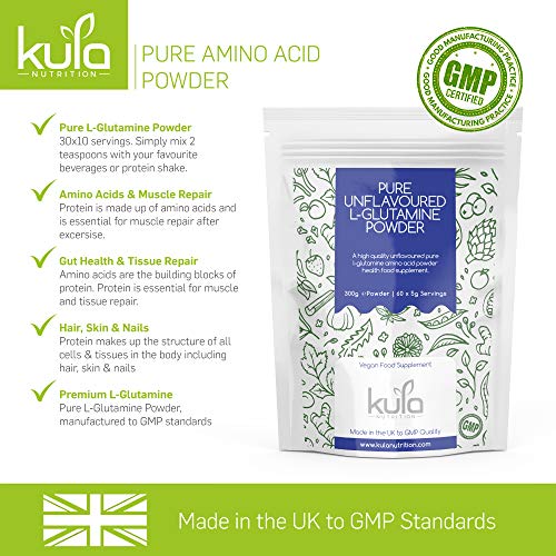 Kula Nutrition L Glutamina en polvo - 300 g (60 porciones) - Aminoácidos en polvo,construcción de proteínas - Reparación muscular, regeneración, salud intestinal - Bulk Gym Protein - Muscle Builder