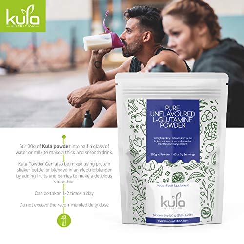 Kula Nutrition L Glutamina en polvo - 300 g (60 porciones) - Aminoácidos en polvo,construcción de proteínas - Reparación muscular, regeneración, salud intestinal - Bulk Gym Protein - Muscle Builder