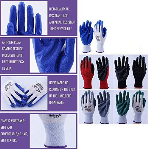 Kungfu Mall 6 pares de guantes de trabajo para mujeres y hombres, guantes de jardinería de nailon con revestimiento de nitrilo PU de goma resistente a ácidos, constructores, mecánicos (6 colores)