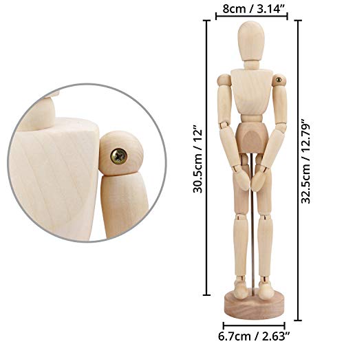 Kurtzy Maniquí de Madera 30,5 cm Cuerpo Humano Figura Articulada para Dibujo - Muñeco Madera Articulaciones Flexibles Artista - Muñeco Articulado Unisex Bocetos y Pinturas - Perfecto para el Hogar