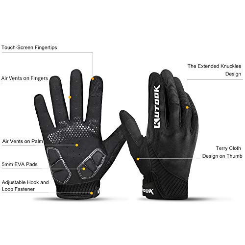 KUTOOK Guantes Ciclismo Largos Transpirables Hombres con Acolchadas De EVA Función Táctil Guantes MTB Gel Antideslizante(Negro,L)