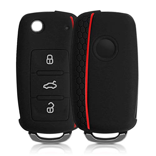 kwmobile Funda de Silicona Compatible con VW Skoda Seat Llave de Coche de 3 Botones - Carcasa Suave de Silicona - Case Mando de Auto Negro/Rojo