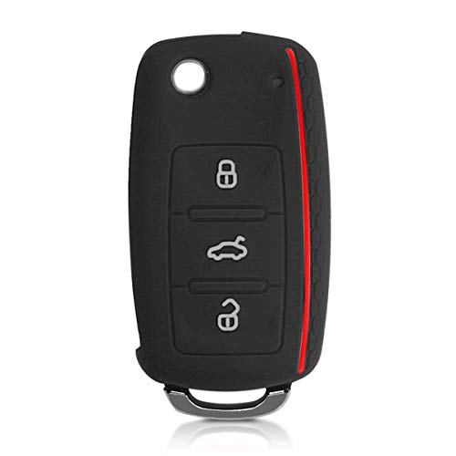 kwmobile Funda de Silicona Compatible con VW Skoda Seat Llave de Coche de 3 Botones - Carcasa Suave de Silicona - Case Mando de Auto Negro/Rojo
