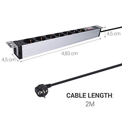 kwmobile Regleta para armario rack de 19" y 7 enchufes - Ladrón de 7x enchufe y protección de sobrecargas con cable de 1.8 M e interruptor - Negro