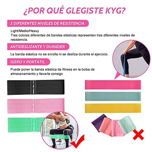 KYG Bandas Elásticas Musculación, Elásticos de Fitness con 3 Niveles de Resistencia y Antideslizantes, para Ejercicios Glúteos Brazos y Piernas, Ideal para Crossfitness Yoga Pilates Rutina HIIT