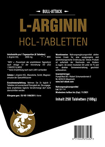 L-ARGININ | 250 tabletas 3000 mg porción | vegana | paquete a granel XL | aminoácido semi-esencial | para el desarrollo muscular previo al entrenamiento y para mejorar la circulación sanguínea