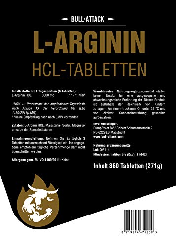 L-ARGININ | 360 tabletas 3000 mg porción | Vegan | Large Pack XL | Aminoácido semi-esencial | Para el desarrollo muscular previo al entrenamiento y para mejorar la circulación sanguínea