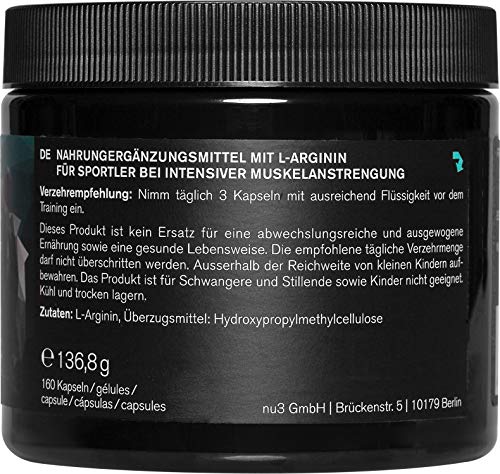 L-Arginina 160 cápsulas de nu3 – Comprimidos con 2200 mg - Dosis pura diaria controlada – Amino semi esencial para atletas de alto rendimiento – Mejora la masa muscular – Suplemento vegano